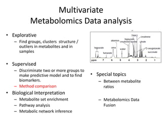 Multivariate
           Metabolomics Data analysis
• Explorative
   – Find groups, clusters structure /
     outliers in metabolites and in
     samples

• Supervised
   – Discriminate two or more groups to
     make predictive model and to find    • Special topics
     biomarkers.                             – Between metabolite
   – Method comparison                         ratios
• Biological Interpretation
   – Metabolite set enrichment               – Metabolomics Data
   – Pathway analysis                          Fusion
   – Metabolic network inference
 