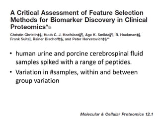 • human urine and porcine cerebrospinal fluid
  samples spiked with a range of peptides.
• Variation in #samples, within and between
  group variation
 