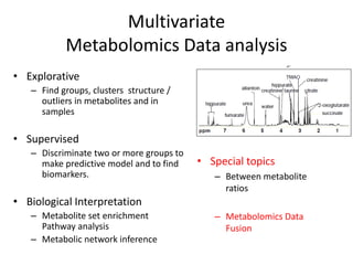 Multivariate
           Metabolomics Data analysis
• Explorative
   – Find groups, clusters structure /
     outliers in metabolites and in
     samples

• Supervised
   – Discriminate two or more groups to
     make predictive model and to find    • Special topics
     biomarkers.                             – Between metabolite
                                               ratios
• Biological Interpretation
   – Metabolite set enrichment               – Metabolomics Data
     Pathway analysis                          Fusion
   – Metabolic network inference
 