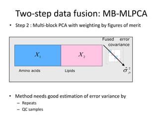 Two-step data fusion: MB-MLPCA
 • Step 2 : Multi-block PCA with weighting by figures of merit

                                            Fused error
                                               covariance

             X1                    X2

     Amino acids          Lipids                      js
                                                      ˆ2
                  

                                      
 • Method needs good estimation of error variance by
     – Repeats
     – QC samples
 