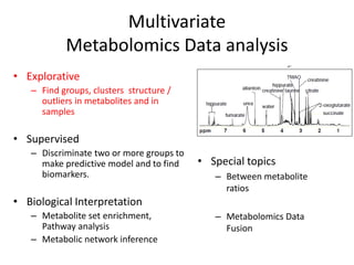 Multivariate
           Metabolomics Data analysis
• Explorative
   – Find groups, clusters structure /
     outliers in metabolites and in
     samples

• Supervised
   – Discriminate two or more groups to
     make predictive model and to find    • Special topics
     biomarkers.                             – Between metabolite
                                               ratios
• Biological Interpretation
   – Metabolite set enrichment,              – Metabolomics Data
     Pathway analysis                          Fusion
   – Metabolic network inference
 