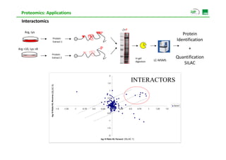 Proteomics: Applications
  Interactomics
                                                                                                              ‐/+P
    Arg, Lys
                                                                                                                                                                   Protein 
                                 Protein 
                                 Extract 1
                                                                                                                                                                Identification 
Arg +10, Lys +8                                                                          P                                                                            + 
                       Protein 
                       Extract 2                                                                                              In‐gel                           Quantification 
                                                                                                                              digestion        LC‐MSMS
                                                                                                                                                                  SILAC

                                                                                                   2


                                                                                                 1.5
                                                                                                                        INTERACTORS
                                                                                                                              Proteins
                                                                                                                            confirmed in
                                     erse (SILAC 6)




                                                                                                                                          both SILAC
                                                                                                   1                                        1 and 6
                  lo 10 Ratio H/L Reve




                                                                                                 0.5
                                                                                                 05


                                                                                                   0                                                         Serie1
                                                      -1.5   -1.25   -1   -0.75   -0.5   -0.25          0   0.25      0.5      0.75        1    1.25   1.5

                                                                                                 -0.5
                   og




                                                                                                  -1


                                                                                                 -1.5


                                                                                                  -2
                                                                                         log 10 Ratio H/L Forward (SILAC 1)
 