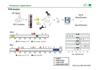 Proteomics: Applications
PTM Analysis
   Ub Ligase 
                                             GG                         GG‐K 
                                                                    Identification 

                            In‐gel 
                                                  GG                        + 
                            digestion                  LC‐MSMS
     DCC complex                                                    Quantification
                                        GG




                                                                 Villa et al, Mol Cell 2012
 