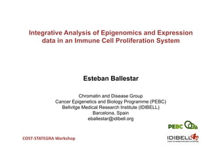 Integrative Analysis of Epigenomics and Expression
      data in an Immune Cell Proliferation System




                         Esteban Ballestar

                       Chromatin and Disease Group
             Cancer Epigenetics and Biology Programme (PEBC)
               Bellvitge Medical Research Institute (IDIBELL)
                             Barcelona,
                             Barcelona Spain
                           eballestar@idibell.org
                                                                PEBC
COST‐STATEGRA Workshop
 