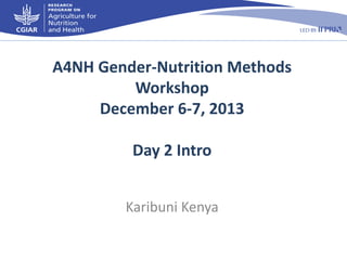 A4NH Gender-Nutrition Methods
Workshop
December 6-7, 2013
Day 2 Intro
Karibuni Kenya

 