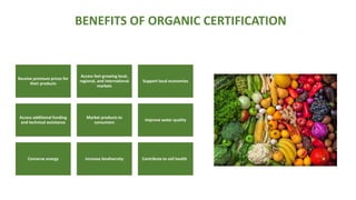 BENEFITS OF ORGANIC CERTIFICATION
Receive premium prices for
their products
Access fast-growing local,
regional, and international
markets
Support local economies
Access additional funding
and technical assistance
Market products to
consumers
Improve water quality
Conserve energy Increase biodiversity Contribute to soil health
 