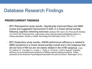 Database Research Findings 
PRIOR/CURRENT FINDINGS 
• BFC Retrospective study results– Significantly improved Mayo and NBSI 
scores and suggested improvement in SWL in a mixed clinical sample 
following cognitive retraining exercises (Sullivan KW, Quinn JE, Pramuka M, Sharkey 
LA, French LM. Outcomes from a pilot study using computer-based rehabilitative tools in a 
military population. Studies in Health Technology and Informatics. 2012; 181: 71-7.) 
• BFC Exploratory study results– ANAM performance efficiency is related to 
NBSI symptoms in a mixed clinical sample overall and in the subgroup that 
did not have mTBI but are not clearly related in the mTBI subgroup. (Law, 
W., Sullivan, K., Covington, A., Loyola, L., Perta, A., & French, L.(2014, August). Cognitive 
efficiency and neurobehavioral symptoms of Military patients seeking treatment. Poster 
presented at the American Psychological Association Annual Convention, Washington, D.C.) 
 