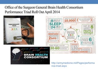 Office of the Surgeon General Brain Health Consortium 
Performance Triad Roll Out April 2014 
http://armymedicine.mil/Pages/performa 
nce-triad.aspx 
 