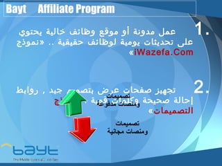 Bayt Affiliate Program 
1 عمل مدونة أو موقع وظائف خالية يحتوي . 
نموذج » .. على تحديثات يومية لوظائف حقيقية 
«iWazefa.Com 
2 تجهيز صفحات عرض بتصميم جيد , روابط . 
نماذج » . إحالة صحيحة وكلمات قوية 
« التصميمات 
 