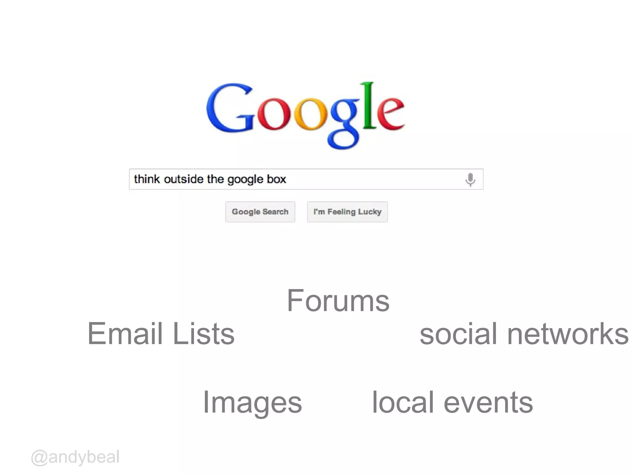 Email Lists
Forums
social networks
local eventsImages
@andybeal
 