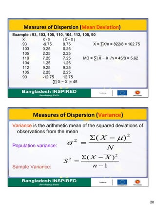 20
Measures of Dispersion (Mean Deviation)
Example : 93, 103, 105, 110, 104, 112, 105, 90
X X - X | X − X |
93 -9.75 9.75 X = ∑X/n = 822/8 = 102.75
103 0.25 0.25
105 2.25 2.25
110 7.25 7.25 MD = ∑| X − X |/n = 45/8 = 5.62
104 1.25 1.25
112 9.25 9.25
105 2.25 2.25
90 -12.75 12.75
∑| X − X |= 45
Measures of Dispersion (Variance)
Variance is the arithmetic mean of the squared deviations of
observations from the mean
Population variance:
Sample Variance:
2
2
( )X
N
1
)( 2
2
n
XX
S
 