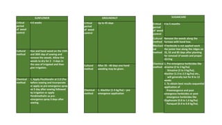 SUNFLOWER
Critical
period
of weed
control
4-6 weeks
Cultural
method
Hoe and hand weed on the 15th
and 30th day of sowing and
remove the weeds. Allow the
weeds to dry for 2 - 3 days in
the case of irrigated and then
give irrigation.
Chemical
method
1. Apply Fluchloralin at 2.0 l/ha
before sowing and incorporate
or apply as pre-emergence spray
on 5 day after sowing followed
by irrigation or apply
Pendimethalin as pre-
emergence spray 3 days after
sowing.
GROUNDNUT
Critical
period
of weed
control
Up to 45 days
Cultural
method
After 35 - 40 days one hand
weeding may be given.
Chemical
method
1. Alachlor (1-5 kg/ha) – pre
emergence application
SUGARCANE
Critical
period
of weed
control
4 to 5 months
Cultural
method
Remove the weeds along the
furrows with hand hoe.
Mechani
cal
method
If herbicide is not applied work
the junior-hoe along the ridges on
25, 55 and 85 days after planting
for removal of weeds and proper
stirring
Chemical
method
1. Pre-emergence herbicides like
atrazine (2 to 3 kg/ha)
Simazine (2 to 3 kg/ha),
Alachlor (1.3 to 2.5 kg/ha) etc.,
will generally last for 8 to 12
weeks
2. To obtain best results sequential
application of
Preemergence and post
emergence herbicides or post
emergence herbicides like
Glyphosate (0.8 to 1.6 kg/ha)
Paraquat (0.4 to 0.8 kg/ha).
 