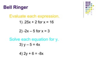 Bell Ringer Evaluate each expression. 1) .25x + 2 for x = 16 2) -2x – 5 for x = 3 Solve each equation for y. 3) y – 5 = 4x 4) 2y + 6 = -8x 