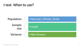 t test- When to use?
Population •Normal, infinite, finite
Sample
size
•small
Variance •Not Known
(Arthvidya Consulting | April 2020) 17
 