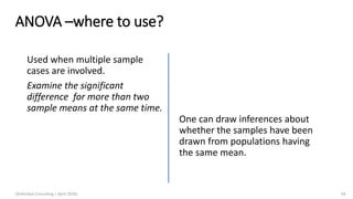 ANOVA –where to use?
Used when multiple sample
cases are involved.
Examine the significant
difference for more than two
sample means at the same time.
One can draw inferences about
whether the samples have been
drawn from populations having
the same mean.
(Arthvidya Consulting | April 2020) 44
 
