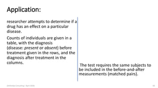 Application:
researcher attempts to determine if a
drug has an effect on a particular
disease.
Counts of individuals are given in a
table, with the diagnosis
(disease: present or absent) before
treatment given in the rows, and the
diagnosis after treatment in the
columns.
(Arthvidya Consulting | April 2020) 58
The test requires the same subjects to
be included in the before-and-after
measurements (matched pairs).
 