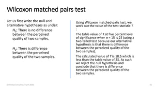 Wilcoxon matched pairs test
Let us first write the null and
alternative hypotheses as under:
H0: There is no difference
between the perceived
quality of two samples.
Ha: There is difference
between the perceived
quality of the two samples.
(Arthvidya Consulting | April 2020) 61
Using Wilcoxon matched-pairs test, we
work out the value of the test statistic T
:
The table value of T at five percent level
of significance when n = 15 is 25 (using a
two-tailed test because our alternative
hypothesis is that there is difference
between the perceived quality of the
two samples).
The calculated value of T is 18.5 which is
less than the table value of 25. As such
we reject the null hypothesis and
conclude that there is difference
between the perceived quality of the
two samples.
 