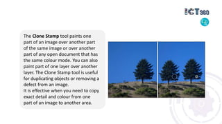 The Clone Stamp tool paints one
part of an image over another part
of the same image or over another
part of any open document that has
the same colour mode. You can also
paint part of one layer over another
layer. The Clone Stamp tool is useful
for duplicating objects or removing a
defect from an image.
It is effective when you need to copy
exact detail and colour from one
part of an image to another area.
 