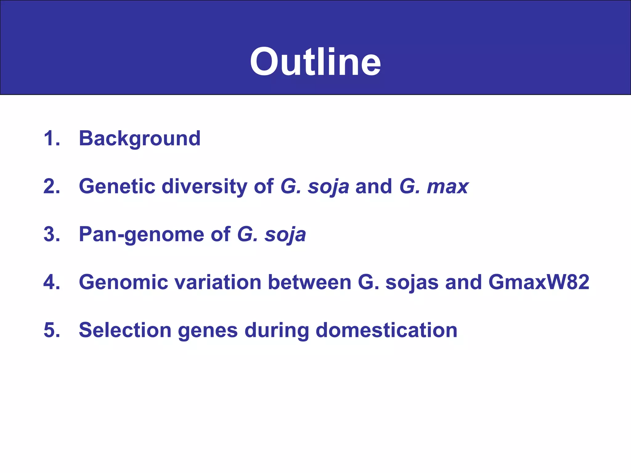 1. Background
2. Genetic diversity of G. soja and G. max
3. Pan-genome of G. soja
4. Genomic variation between G. sojas and GmaxW82
5. Selection genes during domestication
Outline
 
