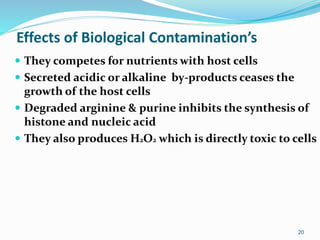 Effects of Biological Contamination’s
 They competes for nutrients with host cells
 Secreted acidic or alkaline by-products ceases the
growth of the host cells
 Degraded arginine & purine inhibits the synthesis of
histone and nucleic acid
 They also produces H2O2 which is directly toxic to cells
20
 