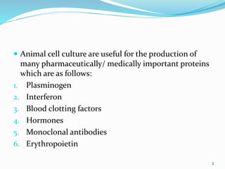  Animal cell culture are useful for the production of
many pharmaceutically/ medically important proteins
which are as follows:
1. Plasminogen
2. Interferon
3. Blood clotting factors
4. Hormones
5. Monoclonal antibodies
6. Erythropoietin
3
 