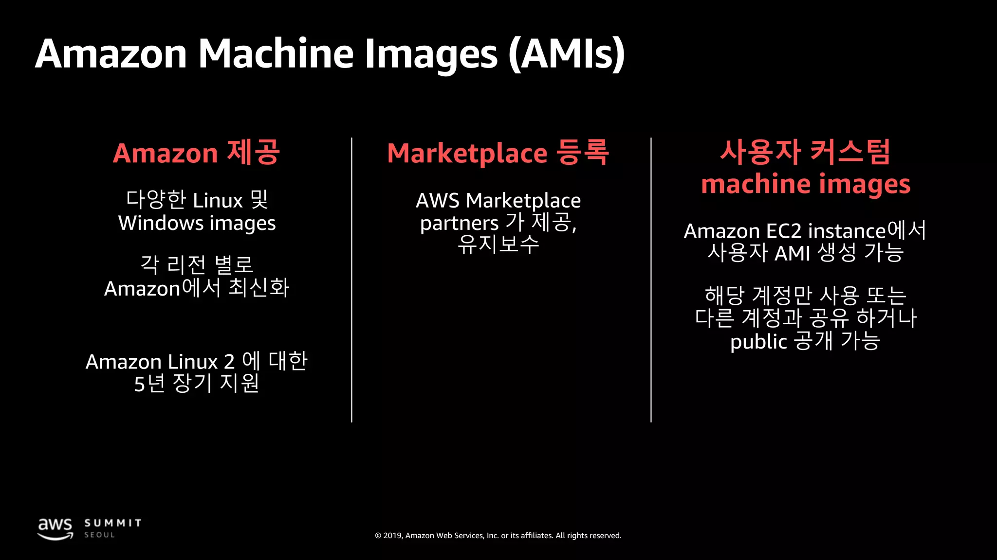 © 2019, Amazon Web Services, Inc. or its affiliates. All rights reserved.
Amazon 제공
다양한 Linux 및
Windows images
각 리전 별로
Amazon에서 최신화
Marketplace 등록
AWS Marketplace
partners 가 제공,
유지보수
사용자 커스텀
machine images
Amazon EC2 instance에서
사용자 AMI 생성 가능
해당 계정만 사용 또는
다른 계정과 공유 하거나
public 공개 가능
Amazon Machine Images (AMIs)
Amazon Linux 2 에 대한
5년 장기 지원
 