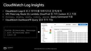 © 2019, Amazon Web Services, Inc. or its affiliates. All rights reserved.
CloudWatch Log Insights
• CloudWatch Logs내 로그 데이터를 대화식으로 검색/분석
• VPC Flow Log, Route 53, Lambda, CloudTrail 및 기타 Custom 로그 지원
• filter, stats, sort, limit, parse Query Command 지원
• CloudWatch Dashboard에 Query 결과 추가 가능
Log group name
fields @timestamp, @message
| sort @timestamp desc
| limit 20
 