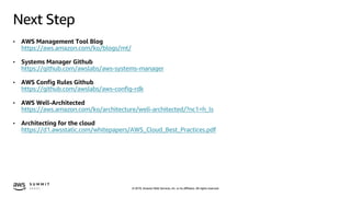 © 2019, Amazon Web Services, Inc. or its affiliates. All rights reserved.
Next Step
• AWS Management Tool Blog
https://aws.amazon.com/ko/blogs/mt/
• Systems Manager Github
https://github.com/awslabs/aws-systems-manager
• AWS Config Rules Github
https://github.com/awslabs/aws-config-rdk
• AWS Well-Architected
https://aws.amazon.com/ko/architecture/well-architected/?nc1=h_ls
• Architecting for the cloud
https://d1.awsstatic.com/whitepapers/AWS_Cloud_Best_Practices.pdf
 