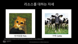 © 2019, Amazon Web Services, Inc. or its affiliates. All rights reserved.
리소스를 대하는 자세
https://medium.com/@Joachim8675309/devops-concepts-pets-vs-cattle-2380b5aab313
반려동물 Pets 가축 Cattle
 