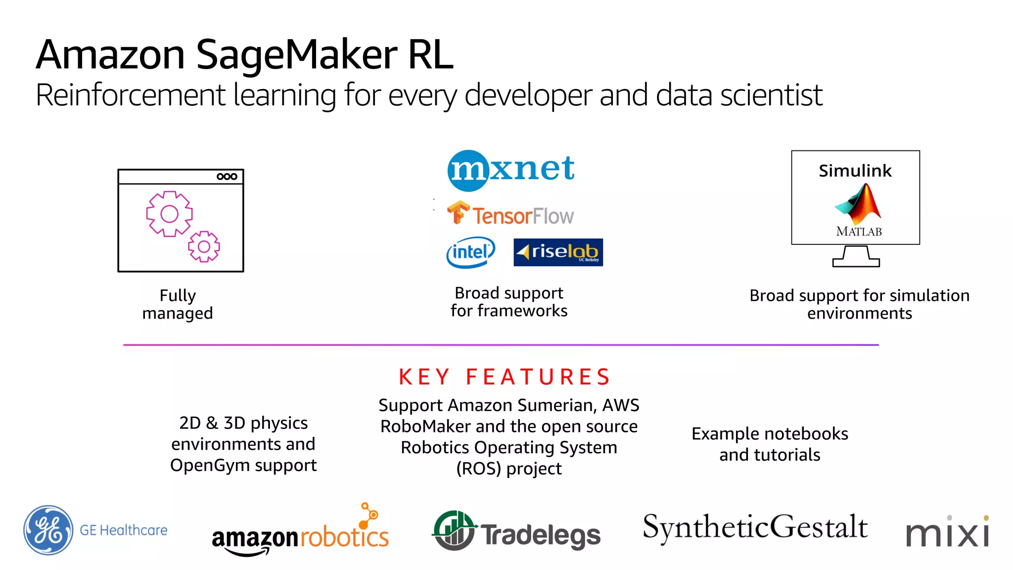 © 2019, Amazon Web Services, Inc. or its affiliates. All rights reserved.
Amazon SageMaker RL
Reinforcement learning for every developer and data scientist
Broad support
for frameworks
Broad support for simulation
environments
2D & 3D physics
environments and
OpenGym support
Support Amazon Sumerian, AWS
RoboMaker and the open source
Robotics Operating System
(ROS) project
Fully
managed
Example notebooks
and tutorials
K E Y F E A T U R E S
 