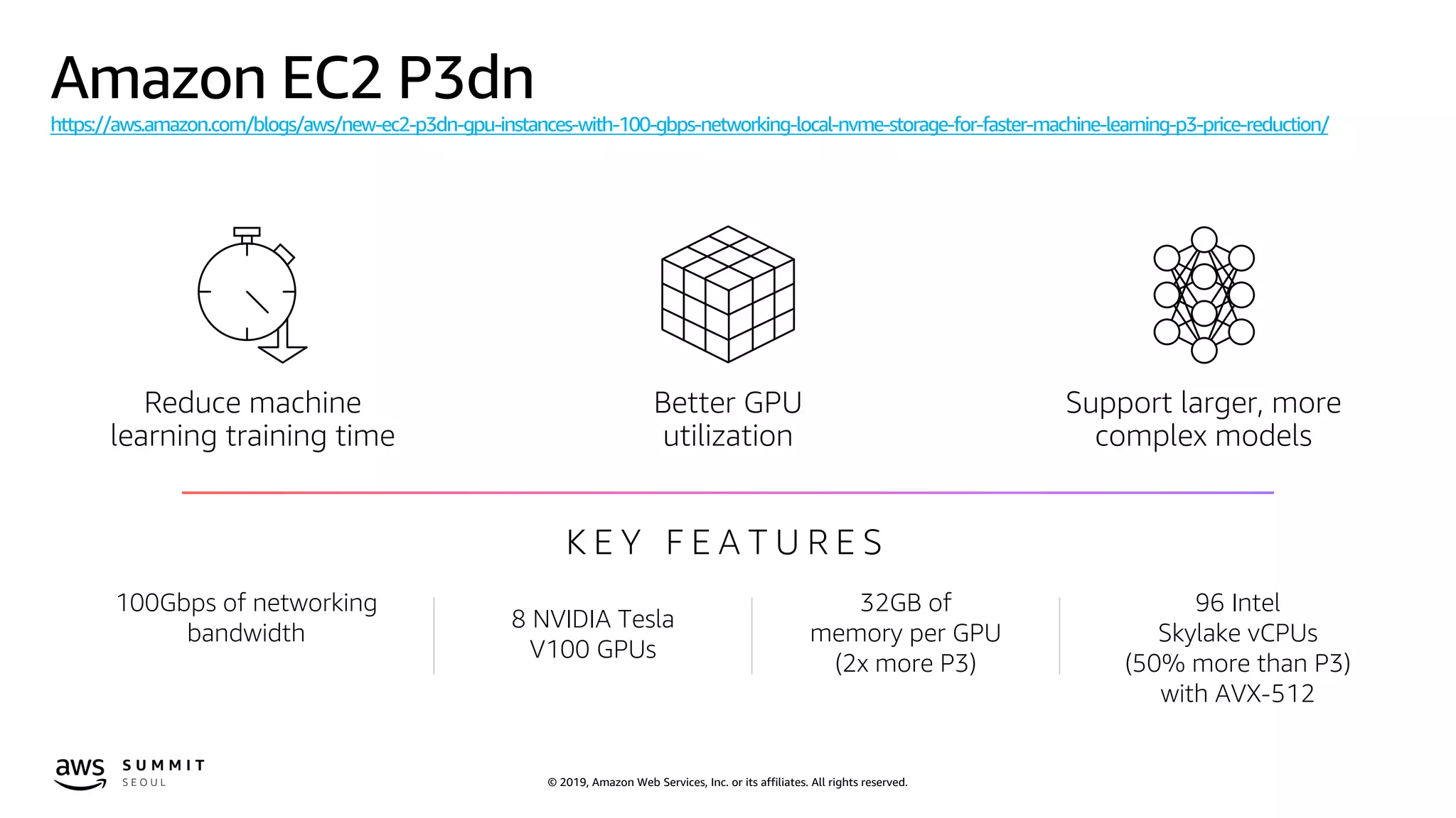 © 2019, Amazon Web Services, Inc. or its affiliates. All rights reserved.
Amazon EC2 P3dn
https://aws.amazon.com/blogs/aws/new-ec2-p3dn-gpu-instances-with-100-gbps-networking-local-nvme-storage-for-faster-machine-learning-p3-price-reduction/
Reduce machine
learning training time
Better GPU
utilization
Support larger, more
complex models
K E Y F E A T U R E S
100Gbps of networking
bandwidth
8 NVIDIA Tesla
V100 GPUs
32GB of
memory per GPU
(2x more P3)
96 Intel
Skylake vCPUs
(50% more than P3)
with AVX-512
 