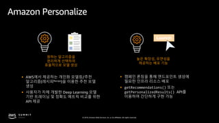 © 2019, Amazon Web Services, Inc. or its affiliates. All rights reserved.
Amazon Personalize
§ AWS에서 제공하는 개인화 모델링/추천
알고리즘(레시피Recipe)을 이용한 추천 모델
생성
§ 사용자가 자체 개발한 Deep Learning 모델
기반 트레이닝 및 정확도 메트릭 비교를 위한
API 제공
원하는 알고리즘을
편리하게 선택하여
효율적으로 모델 생성
높은 확장성, 유연성을
제공하는 배포 기능
§ 캠페인 론칭을 통해 엔드포인트 생성에
필요한 인프라 리소스 배포
§ getRecommendations() 또는
getPersonalizedResults() API를
이용하여 간단하게 구현 가능
 