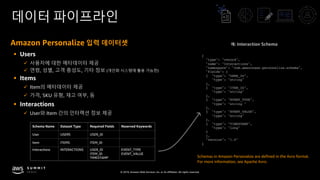 © 2019, Amazon Web Services, Inc. or its affiliates. All rights reserved.
데이터 파이프라인
Amazon Personalize 입력 데이터셋
§ Users
ü 사용자에 대한 메타데이터 제공
ü 연령, 성별, 고객 충성도, 기타 정보 (개인화 시스템에 활용 가능한)
§ Items
ü Item의 메타데이터 제공
ü 가격, SKU 유형, 재고 여부, 등
§ Interactions
ü User와 Item 간의 인터랙션 정보 제공
Schema Name Dataset Type Required Fields Reserved Keywords
User USERS USER_ID
Item ITEMS ITEM_ID
Interactions INTERACTIONS USER_ID
ITEM_ID
TIMESTAMP
EVENT_TYPE
EVENT_VALUE
Schemas in Amazon Personalize are defined in the Avro format.
For more information, see Apache Avro.
예: Interaction Schema
{
"type": "record",
"name": "Interactions",
"namespace": "com.amazonaws.personalize.schema",
"fields": [
{ "type": "USER_ID",
"type": "string"
},
{ "type": "ITEM_ID",
"type": "string"
},
{ "type": "EVENT_TYPE",
"type": "string "
},
{ "type": "EVENT_VALUE",
"type": "string"
},
{ "type": "TIMESTAMP",
"type": "long"
}
],
"version": "1.0"
}
 