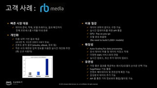 © 2019, Amazon Web Services, Inc. or its affiliates. All rights reserved.
고객 사례 :
§ 빠른 시장 대응
ü 데이터 준비, 적재, 모델 트레이닝, 결과 확인까지
전체 프로세스를 1개월 이내 완료
§ 개인화
ü 이용 내역 기반 결과 제공
(유사한 책, 비슷한 성향의 사용자 정보)
ü 선호도 분석 결과 (eAudio, eBook, 장르 등)
ü 적은 수의 제한된 입력 정보를 이용한 실시간 개인화 추천
(예: 신규 사용자)
§ 비용 절감
ü 데이터 과학자 없이도 구현 가능
ü 실시간 업데이트를 위한 API 통합
ü GPU: Pay-as-you-go
ü 모델 생성 효율화
(No need to build 5,000+ models)
§ 확장성
ü Auto-Scaling for data processing
ü 유사 데이터 추출 및 데이터 저장소 적재
ü 다양한 AWS 서비스와의 연동
ü 실시간 업로드, 최신 추가 데이터 업로드
§ 유연성
ü 가장 좋은 결과를 제공하는 레시피/모델의 손쉬운 선택 가능
ü SageMaker 기능 활용
ü 컨텐트 메타데이터 및 연관관계 확장 가능
ü 감성분석 데이터 추가 가능
ü API 를 통한 기타 정보와의 통합/필터링 가능
Global Genres HRNN
 