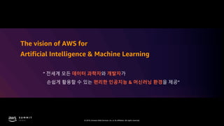 © 2019, Amazon Web Services, Inc. or its affiliates. All rights reserved.
The vision of AWS for
Artificial Intelligence & Machine Learning
데이터 과학자 개발자
편리한 인공지능 & 머신러닝 환경
 