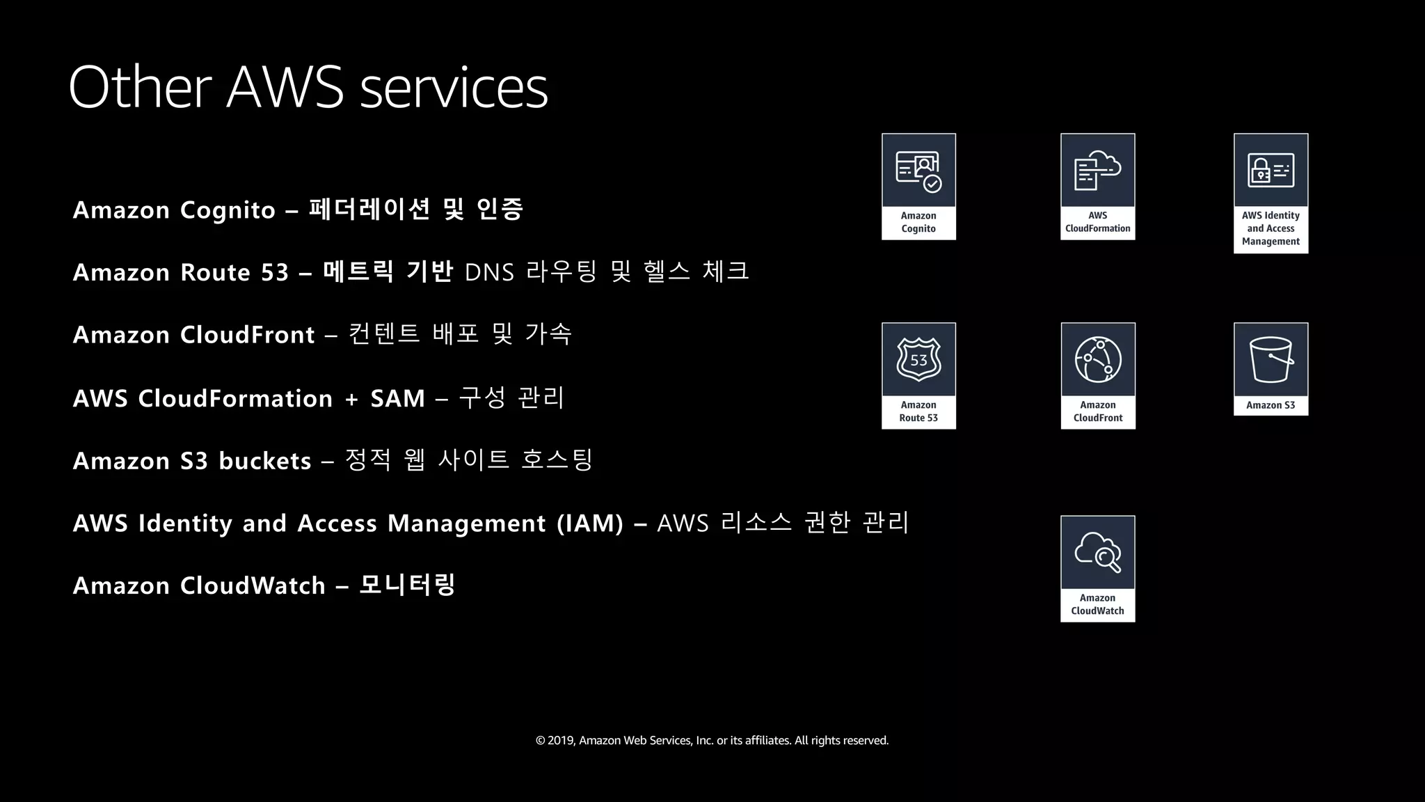 © 2019, Amazon Web Services, Inc. or its affiliates. All rights reserved.
Other AWS services
Amazon Cognito – 페더레이션 및 인증
Amazon Route 53 – 메트릭 기반 DNS 라우팅 및 헬스 체크
Amazon CloudFront – 컨텐트 배포 및 가속
AWS CloudFormation + SAM – 구성 관리
Amazon S3 buckets – 정적 웹 사이트 호스팅
AWS Identity and Access Management (IAM) – AWS 리소스 권한 관리
Amazon CloudWatch – 모니터링
 