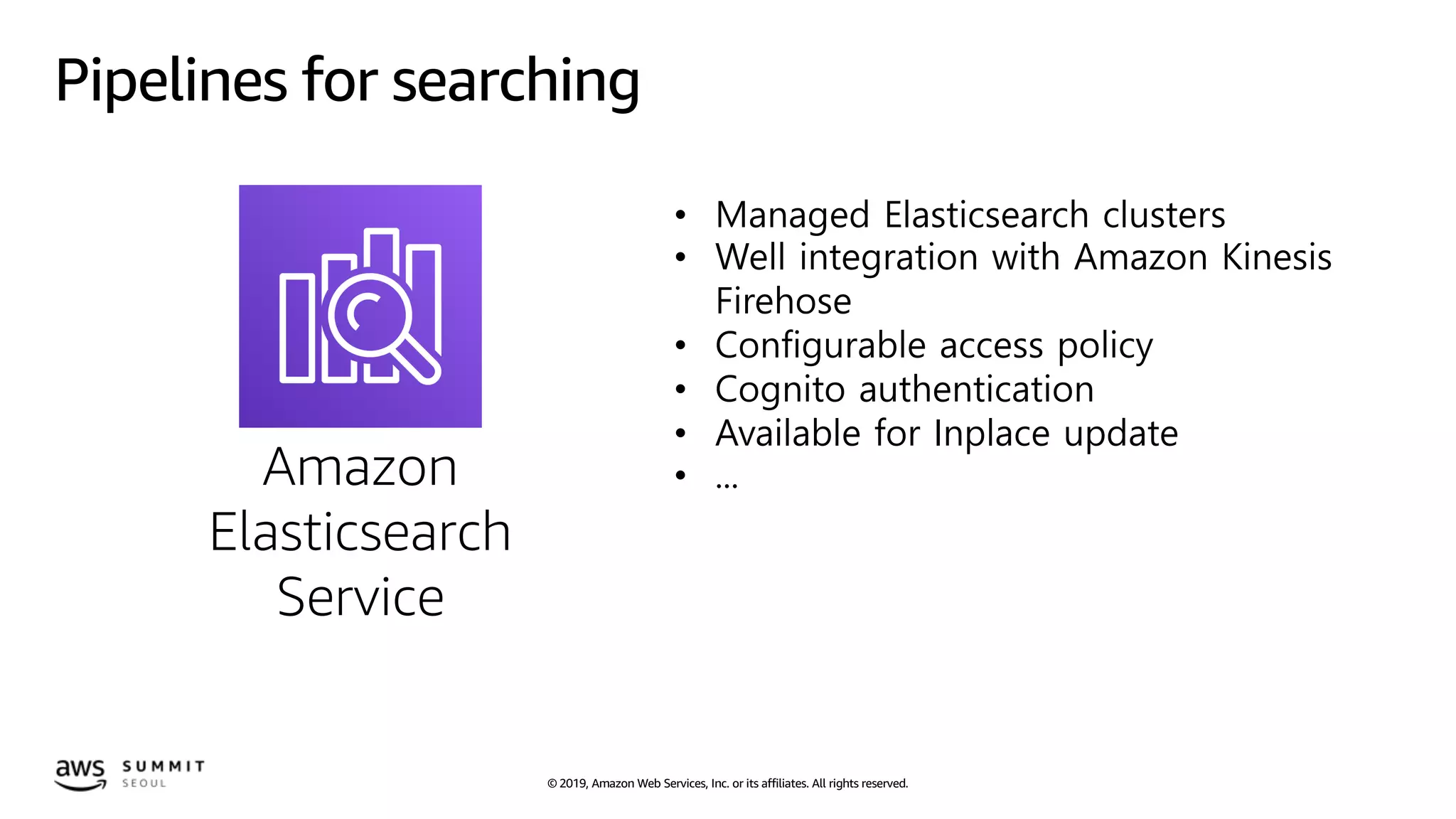 © 2019, Amazon Web Services, Inc. or its affiliates. All rights reserved.
Pipelines for searching
• Managed Elasticsearch clusters
• Well integration with Amazon Kinesis
Firehose
• Configurable access policy
• Cognito authentication
• Available for Inplace update
• ...Amazon
Elasticsearch
Service
 