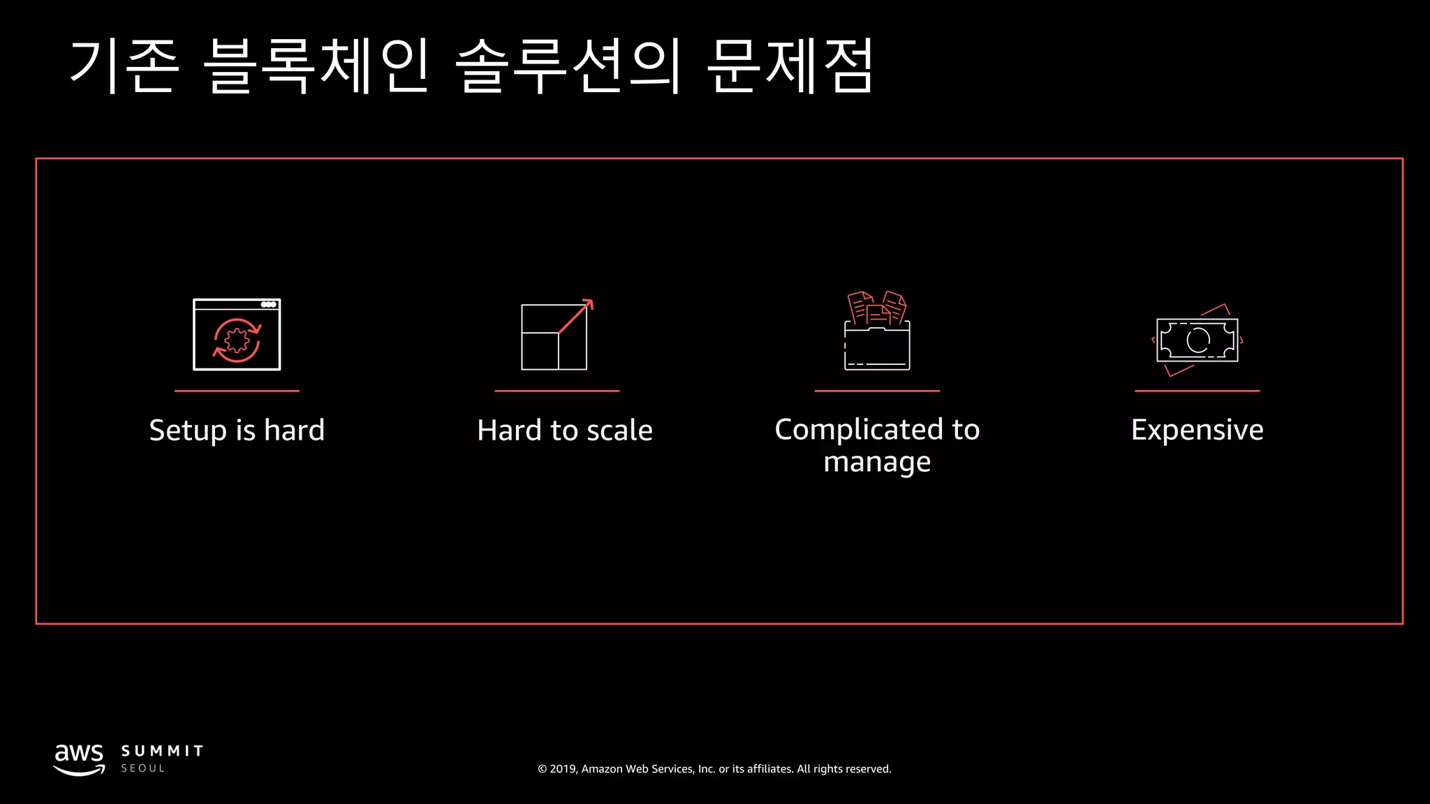 © 2019, Amazon Web Services, Inc. or its affiliates. All rights reserved.
Setup is hard Hard to scale ExpensiveComplicated to
manage
기존 블록체인 솔루션의 문제점
 