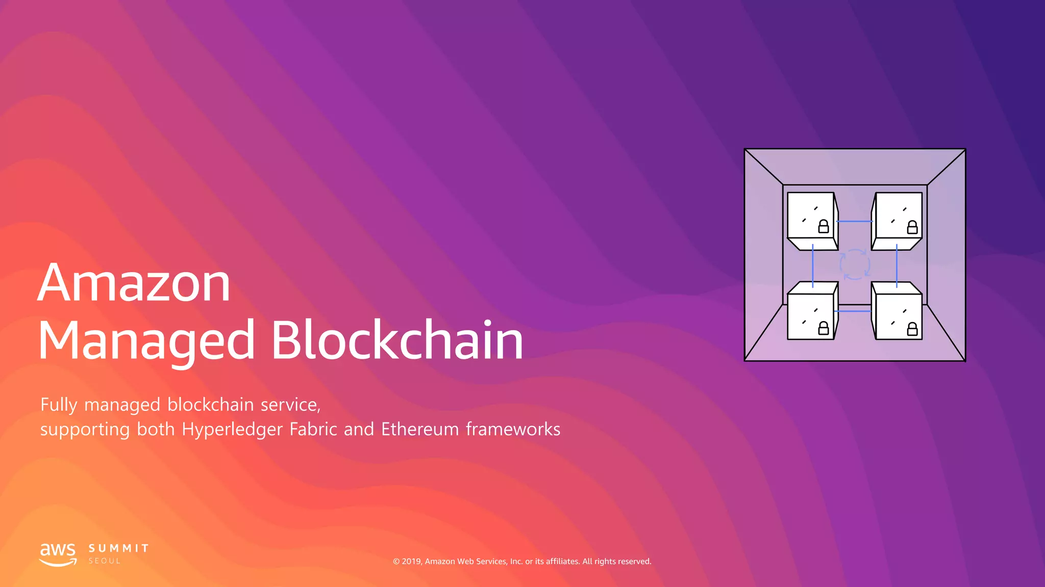 © 2019, Amazon Web Services, Inc. or its affiliates. All rights reserved.
Amazon
Managed Blockchain
Fully managed blockchain service,
supporting both Hyperledger Fabric and Ethereum frameworks
 