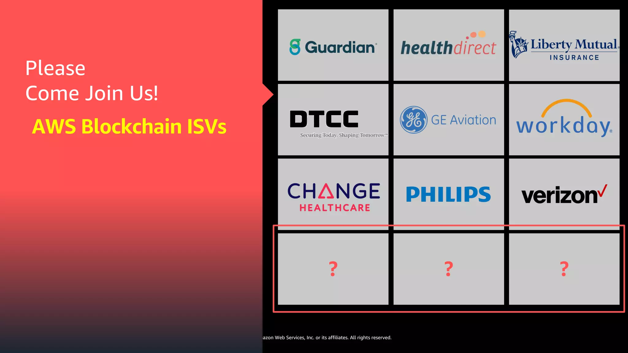 © 2019, Amazon Web Services, Inc. or its affiliates. All rights reserved.
AWS Blockchain ISVs
Please
Come Join Us!
? ? ?
 