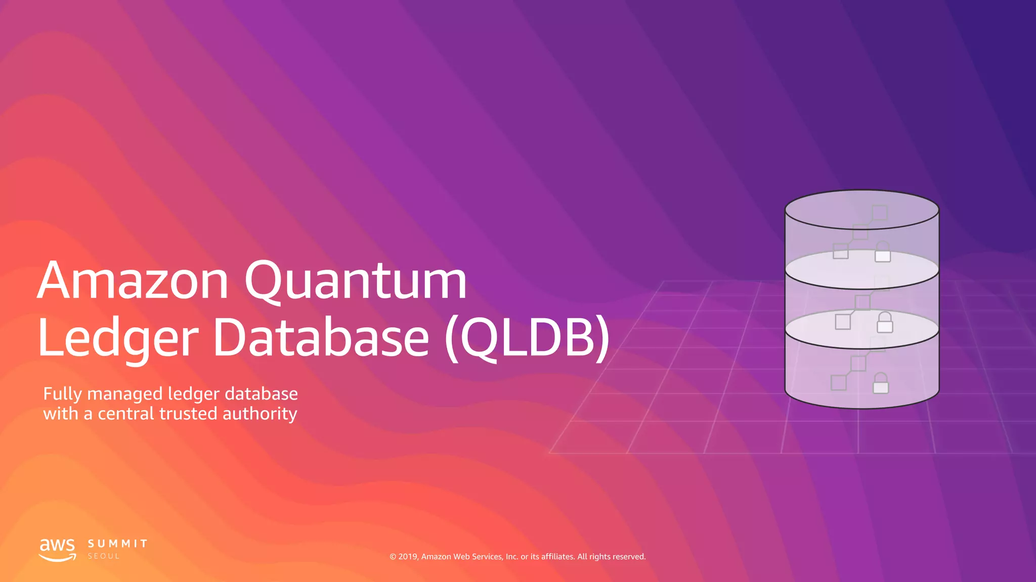© 2019, Amazon Web Services, Inc. or its affiliates. All rights reserved.
Amazon Quantum
Ledger Database (QLDB)
Fully managed ledger database
with a central trusted authority
 