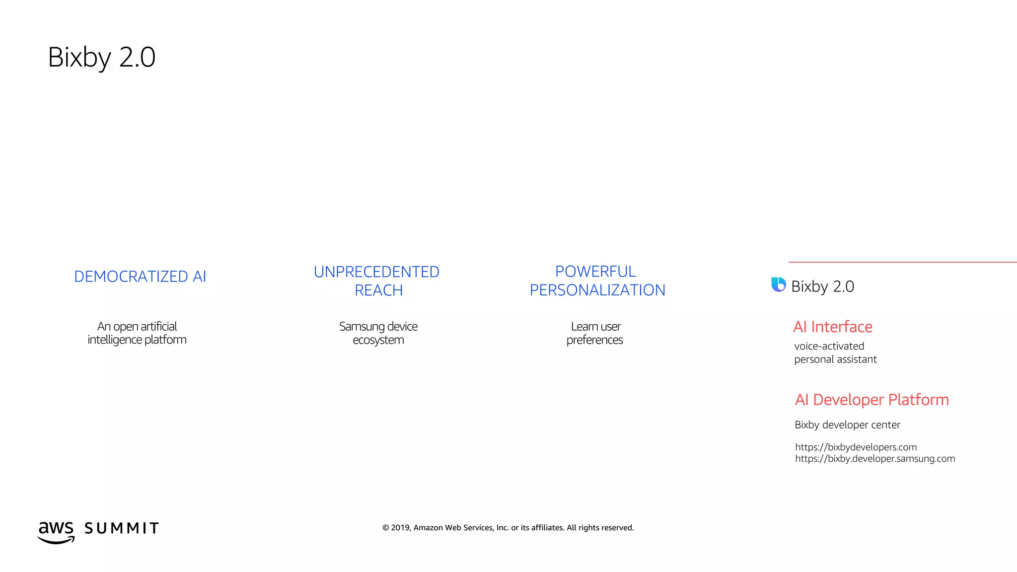 © 2019, Amazon Web Services, Inc. or its affiliates. All rights reserved.S U M M I T
2019
Bixby 2.0
AI Interface
AI Developer Platform
Bixby developer center
voice-activated
personal assistant
DEMOCRATIZED AI UNPRECEDENTED
REACH
POWERFUL
PERSONALIZATION
An open artificial
intelligence platform
https://bixbydevelopers.com
https://bixby.developer.samsung.com
Samsung device
ecosystem
Learn user
preferences
Bixby 2.0
 