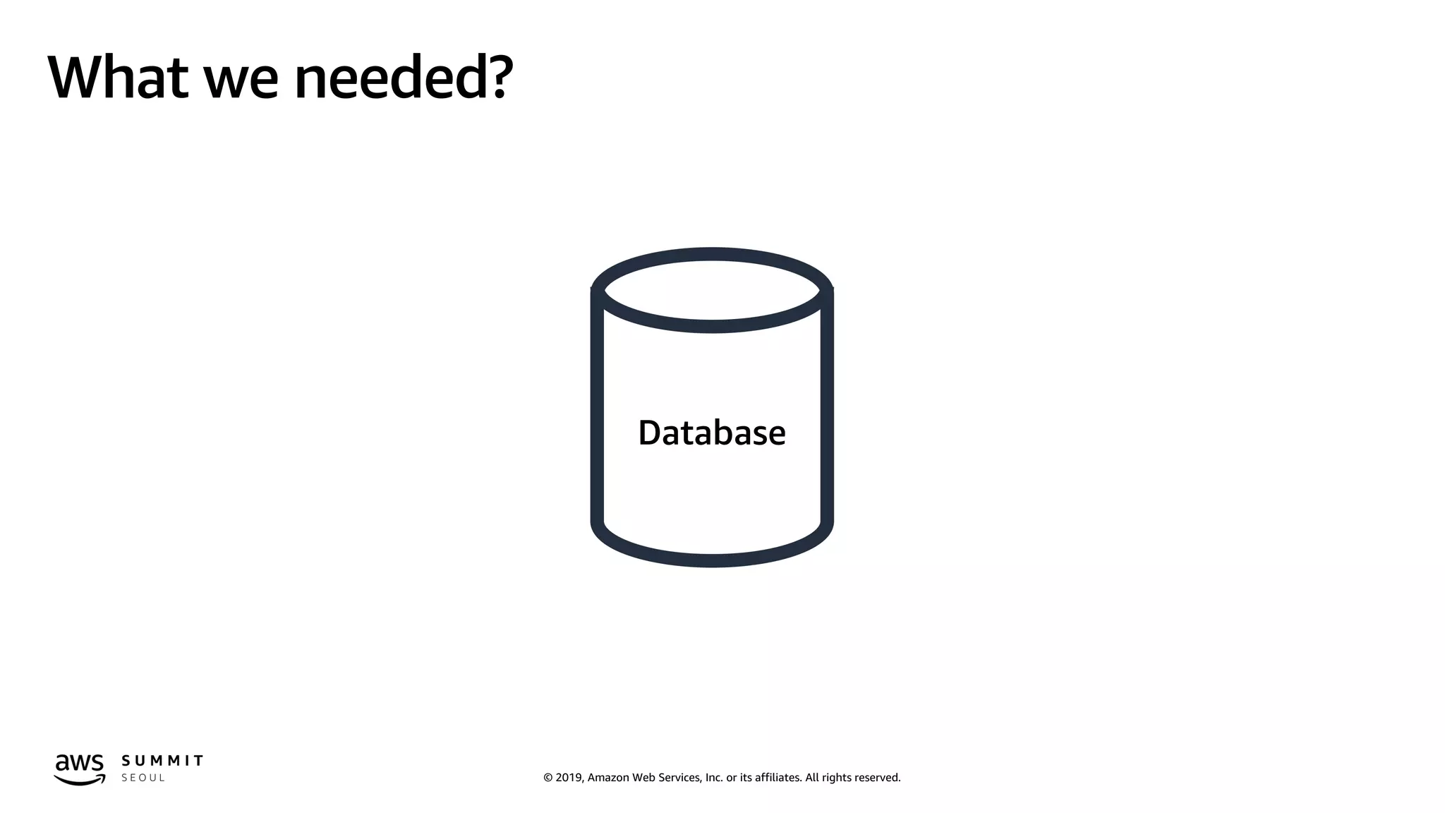 © 2019, Amazon Web Services, Inc. or its affiliates. All rights reserved.
What we needed?
Database
 