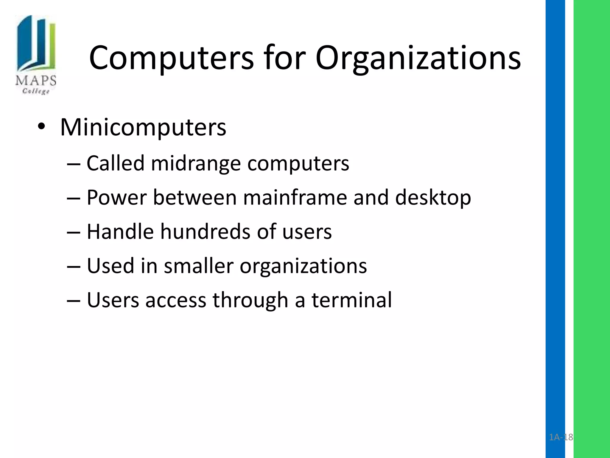 Computers for Organizations
• Minicomputers
  – Called midrange computers
  – Power between mainframe and desktop
  – Handle hundreds of users
  – Used in smaller organizations
  – Users access through a terminal




                                          1A-18
 