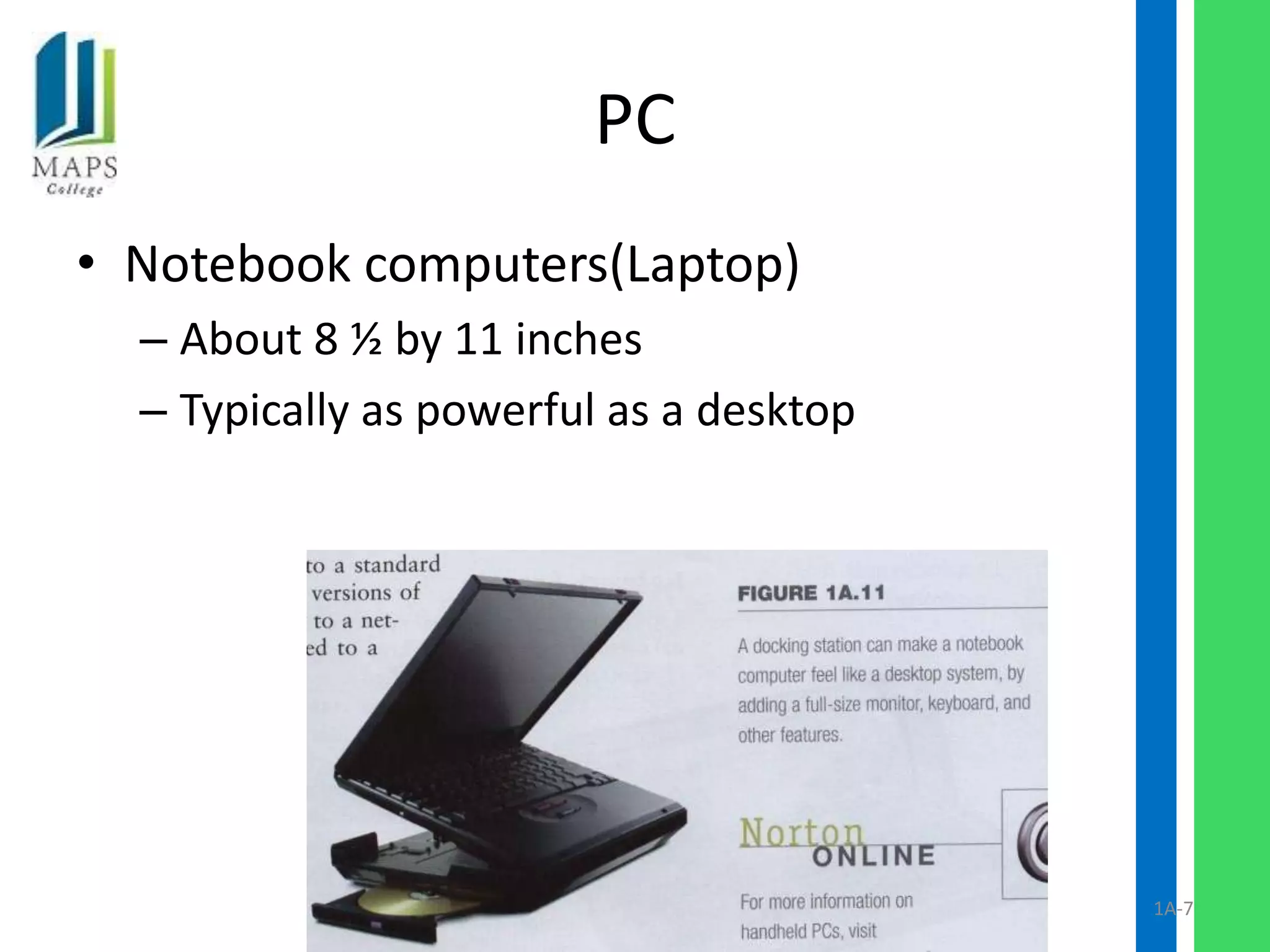 PC
• Notebook computers(Laptop)
  – About 8 ½ by 11 inches
  – Typically as powerful as a desktop




                                         1A-7
 