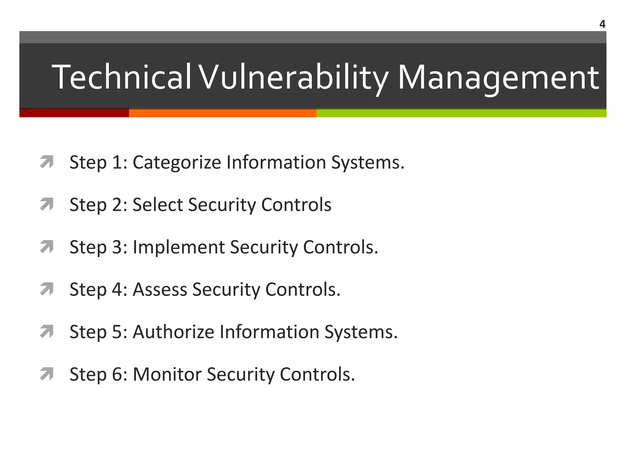 4



 Technical Vulnerability Management

 Step 1: Categorize Information Systems.

 Step 2: Select Security Controls

 Step 3: Implement Security Controls.

 Step 4: Assess Security Controls.

 Step 5: Authorize Information Systems.

 Step 6: Monitor Security Controls.
 