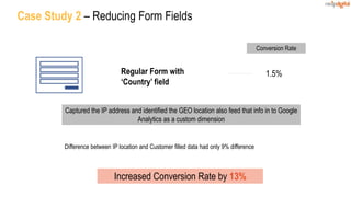 Case Study 2 – Reducing Form Fields
Increased Conversion Rate by 13%
Regular Form with
‘Country’ field
1.5%
Conversion Rate
Captured the IP address and identified the GEO location also feed that info in to Google
Analytics as a custom dimension
Difference between IP location and Customer filled data had only 9% difference
 