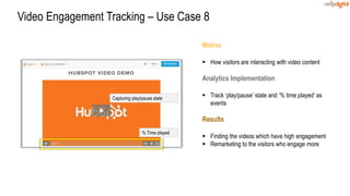 Motive
 How visitors are interacting with video content
Analytics Implementation
 Track ‘play/pause’ state and ‘% time played’ as
events
Results
 Finding the videos which have high engagement
 Remarketing to the visitors who engage more
Video Engagement Tracking – Use Case 8
Capturing play/pause state
% Time played
 