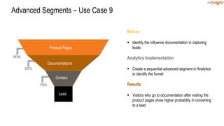 Motive
 Identify the influence documentation in capturing
leads
Analytics Implementation
 Create a sequential advanced segment in Analytics
to identify the funnel
Results
 Visitors who go to documentation after visiting the
product pages show higher probability in converting
to a lead
Advanced Segments – Use Case 9
Product Pages
Documentations
Contact
Lead
 