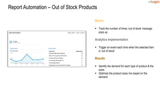 Motive
 Track the number of times ‘out of stock’ message
pops up
Analytics Implementation
 Trigger an event each time when the selected item
is ‘out of stock’
Results
 Identify the demand for each type of product & the
sizes
 Optimize the product sizes mix based on the
demand
Report Automation – Out of Stock Products
 